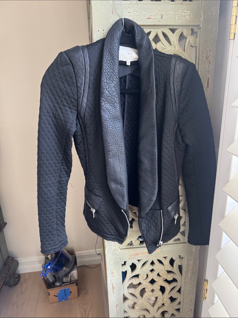 IRO Black Quilted Jacket with Faux-Leather Shawl Collar